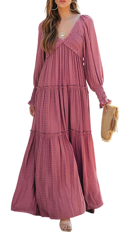 Women Long Sleeve V Neck Boho Casual Flowy Long Dresses✨Buy 2 Free Shipping