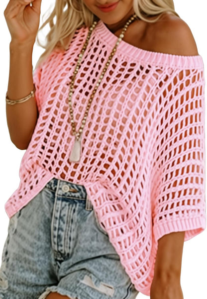 Limited time sale🔥Womens Casual Short Sleeve Hollow Out Pullover Knit Tops