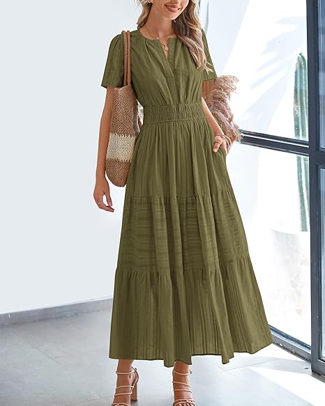 Limited time sale🔥Women's Lightweight Short Sleeve V Neck Elastic Waist Dresses
