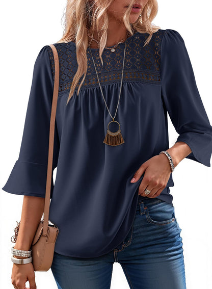 Women's 2026 Fashion Tops 3/4 Sleeve Crewneck Shirts Casual Boho Lace Blouses