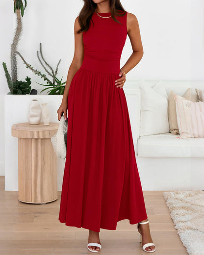 Women's Solid Color Sleeveless Waist Pleated Design Dress with Pockets