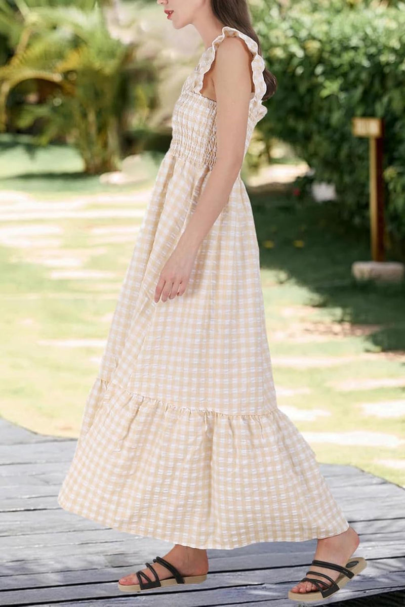 Women's Retro Plaid Smocked Dress Spaghetti Strap Flounce Long Dress With Pockets