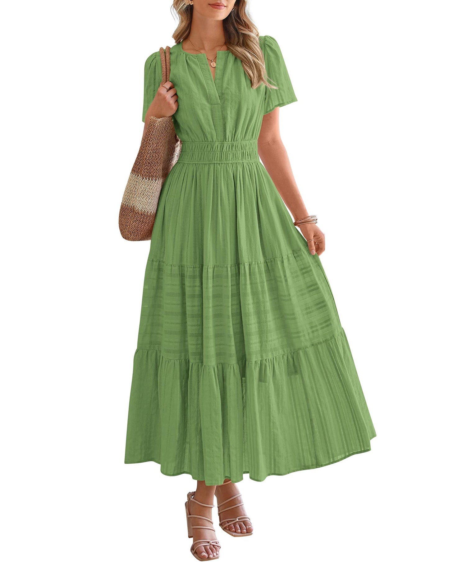 Limited time sale🔥Women's Lightweight Short Sleeve V Neck Elastic Waist Dresses