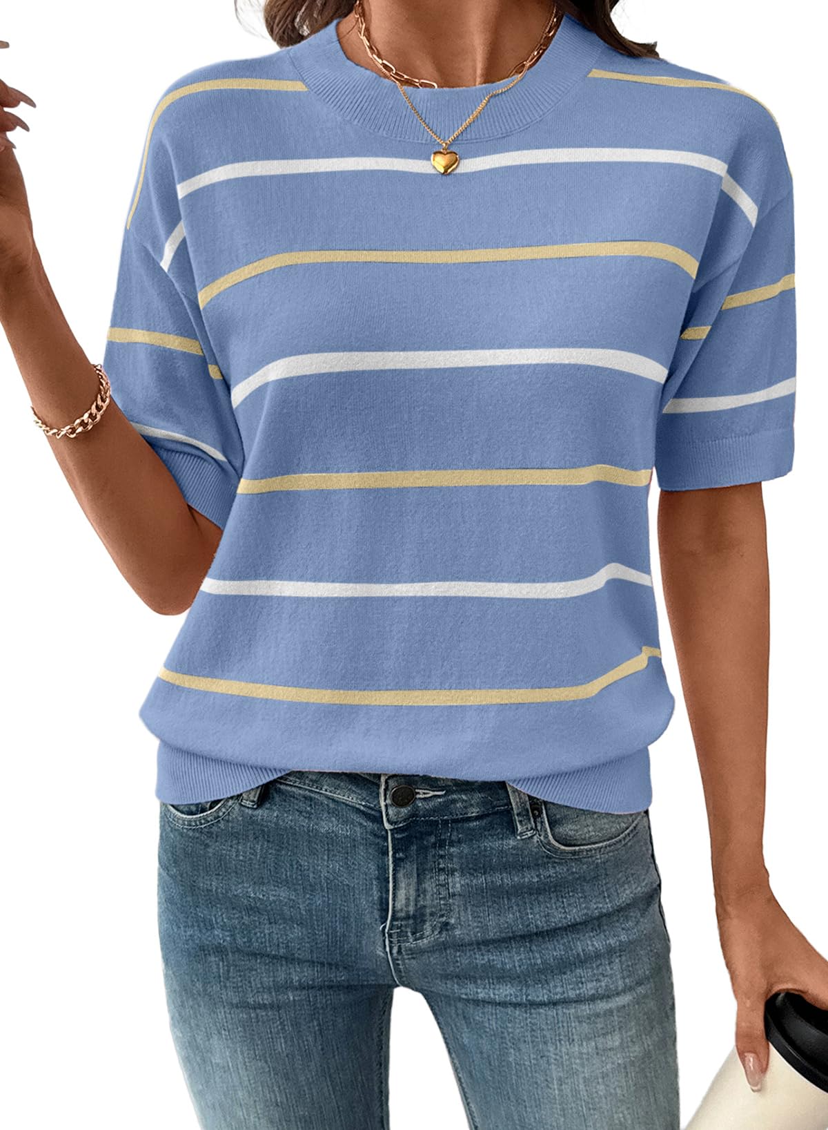 ⏰Hot Sale-Womens Tops Crewneck Short Sleeve Sweater Pullover Knit Striped Shirt Spring Outfits