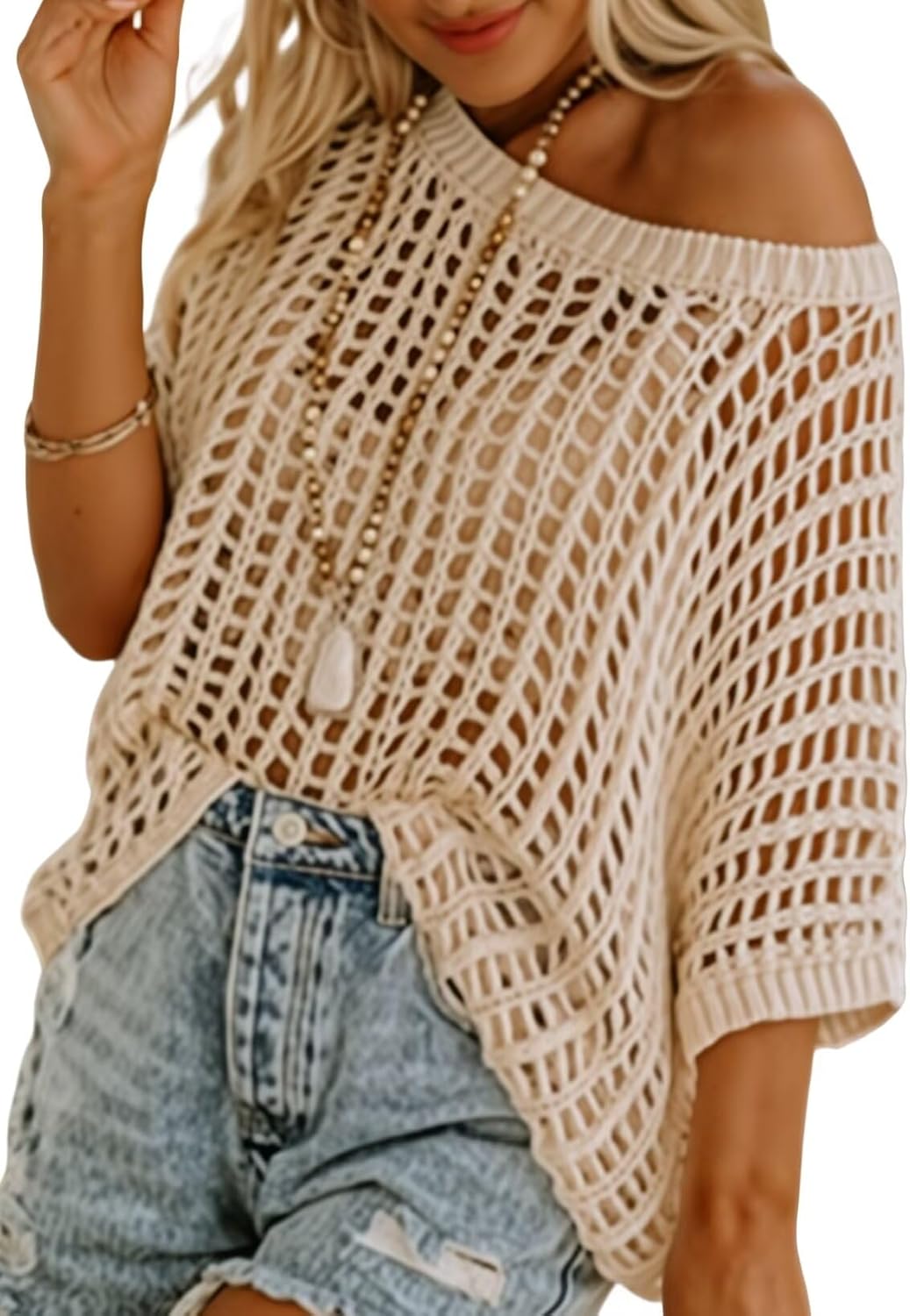 Limited time sale🔥Womens Casual Short Sleeve Hollow Out Pullover Knit Tops