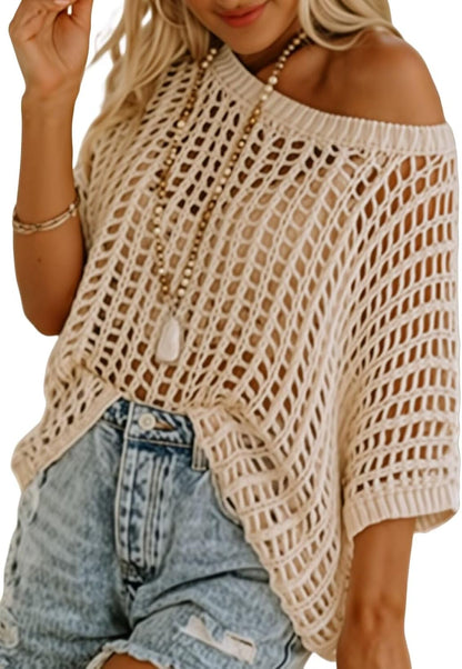 Limited time sale🔥Womens Casual Short Sleeve Hollow Out Pullover Knit Tops