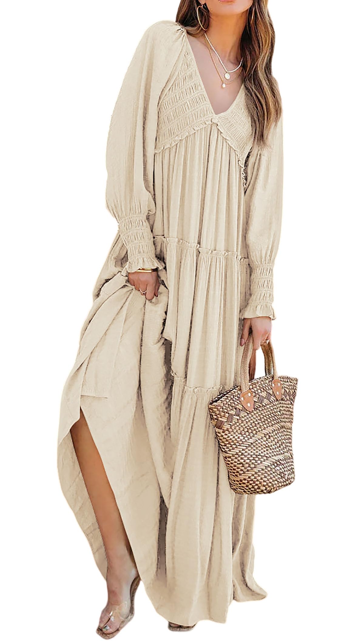 Women Long Sleeve V Neck Boho Casual Flowy Long Dresses✨Buy 2 Free Shipping