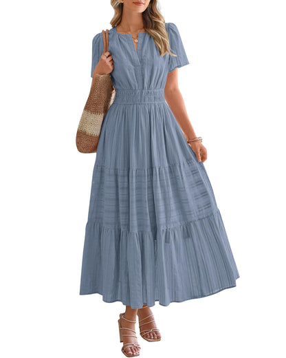 Limited time sale🔥Women's Lightweight Short Sleeve V Neck Elastic Waist Dresses