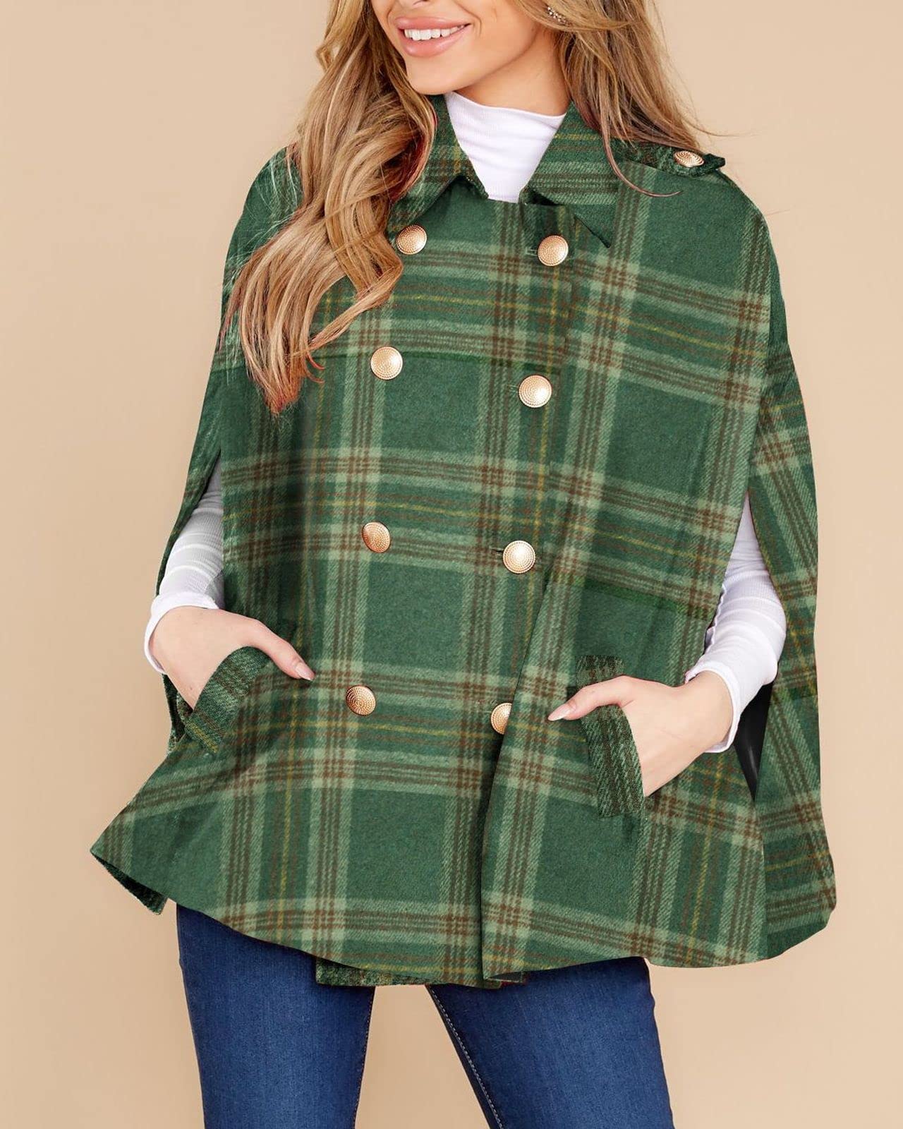 Women's Plaid Double Breasted Winter Cape Turn Down Poncho Coats