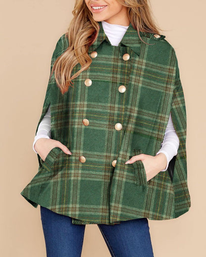 Women's Plaid Double Breasted Winter Cape Turn Down Poncho Coats