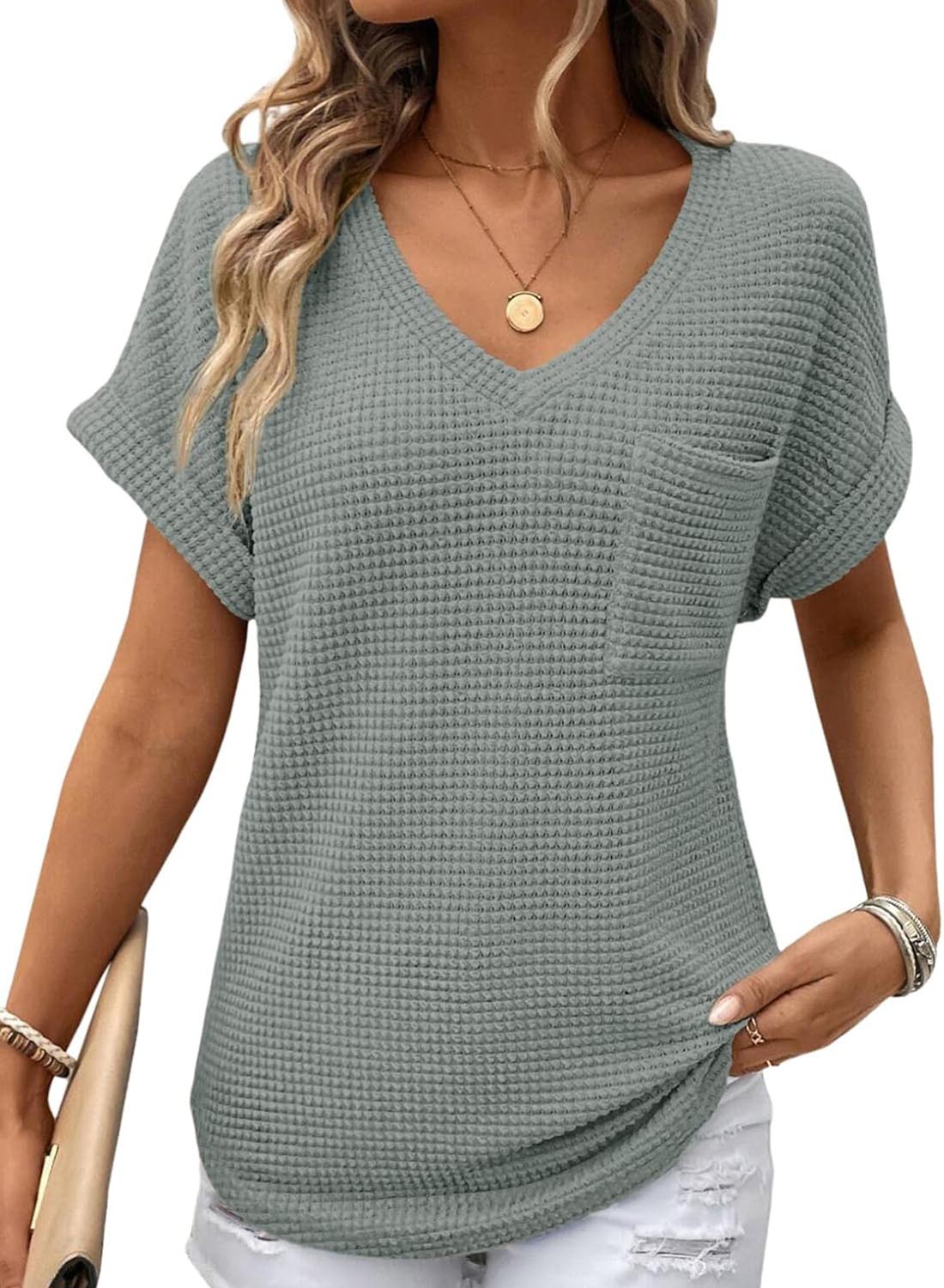 Limited time sale🔥Women's Oversized Waffle V Neck Short Sleeve Casual Top