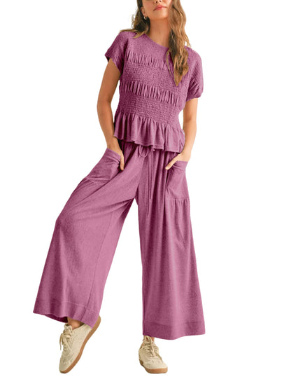 Women's Pleated Top Wide Leg Pants Set with Pockets