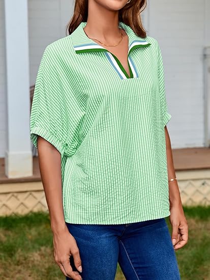 ⏰Hot Sale-Womens V Neck Striped Blouse Oversized Dolman Sleeve Tops