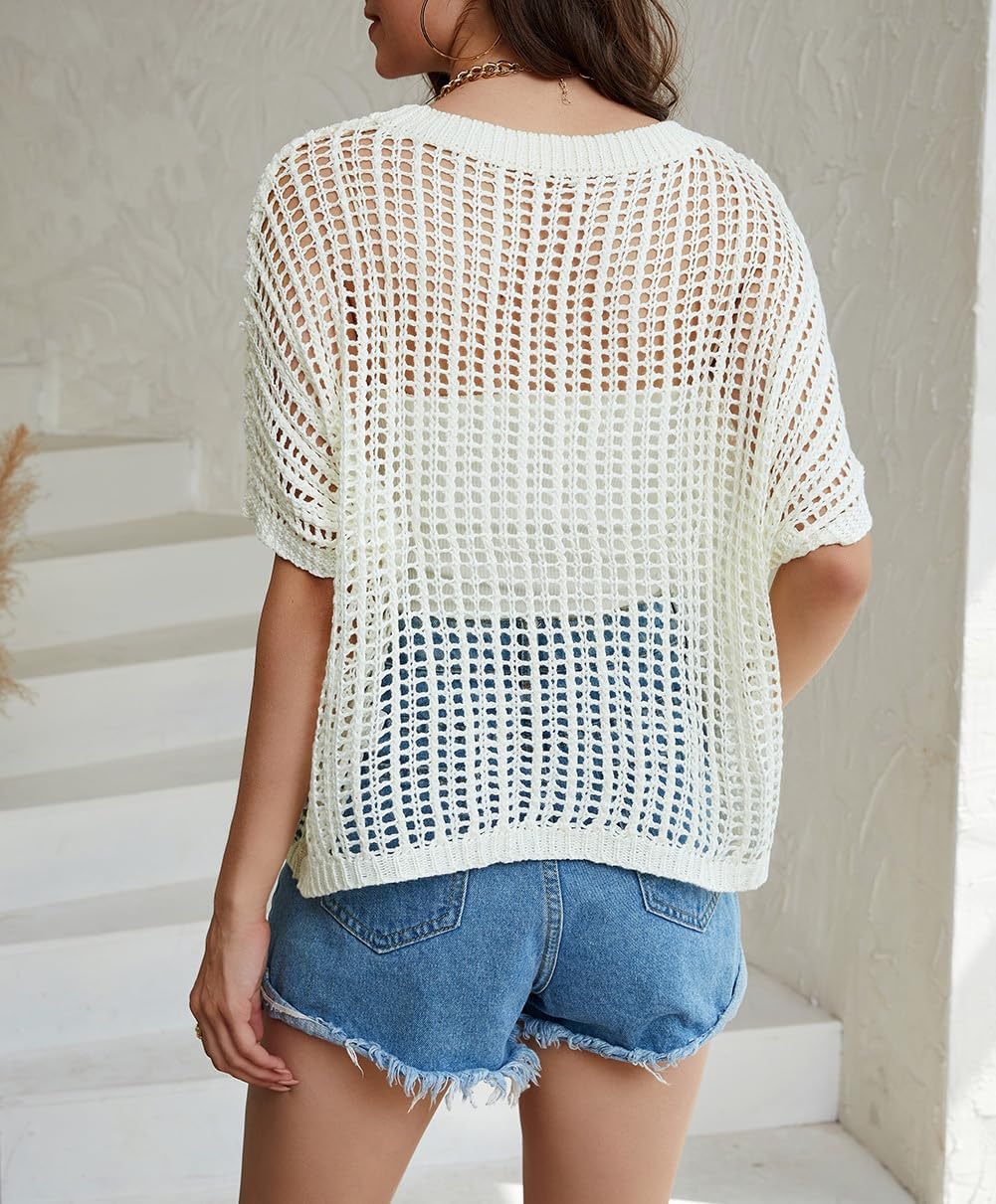 Limited time sale🔥Womens Casual Short Sleeve Hollow Out Pullover Knit Tops
