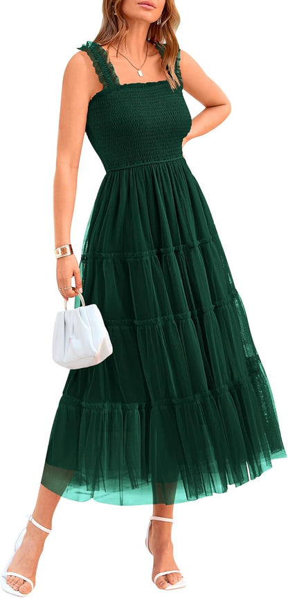 ✨Women's Casual Sleeveless Square Neck Smocked Ruffle Tulle Party Wedding Guest Dresses