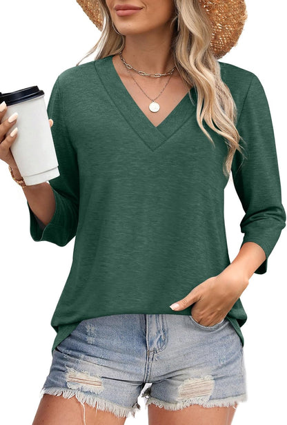Women's Trendy V Neck 3/4 Long Sleeve Tops Loose Fit Blouse
