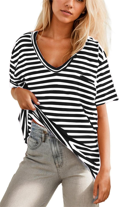 Women Oversized T Shirt Striped Short Sleeve Deep V Neck Tee Shirt ✨BUY 2 FREE SHIPPING