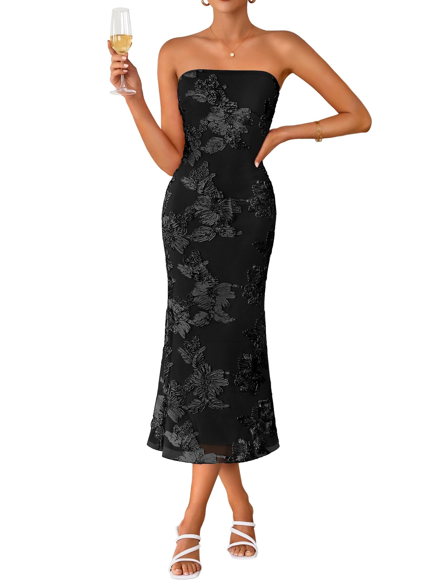 Women's Summer Strapless Floral Midi Dress 2026 Bodycon Mesh Tube Wedding Guest Cocktail Party Long Dresses