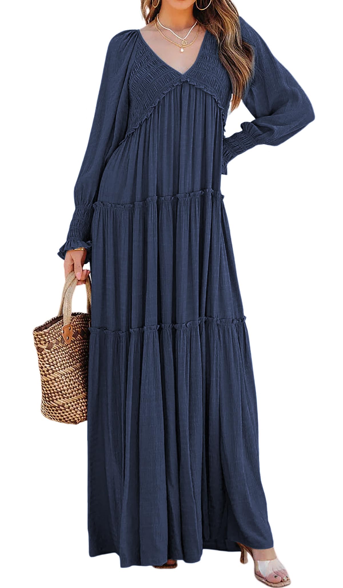 Women Long Sleeve V Neck Boho Casual Flowy Long Dresses✨Buy 2 Free Shipping