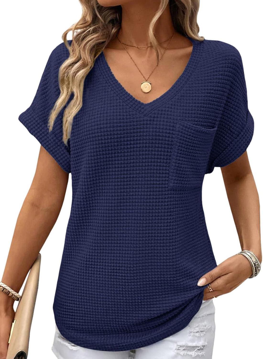 Limited time sale🔥Women's Oversized Waffle V Neck Short Sleeve Casual Top