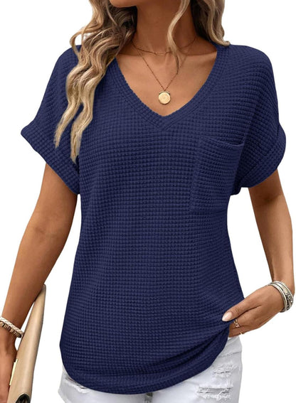 Limited time sale🔥Women's Oversized Waffle V Neck Short Sleeve Casual Top