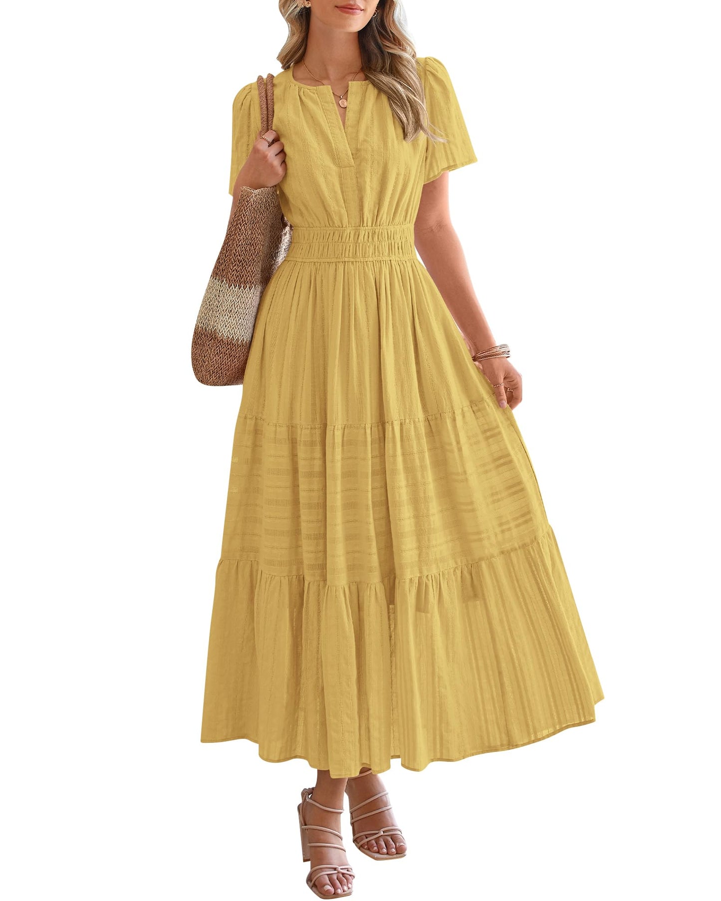 Women's Lightweight Short Sleeve V Neck Elastic Waist Dresses