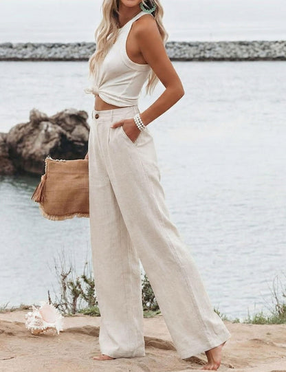 Women's Cotton Linen Casual Button Up Wide Leg Pants