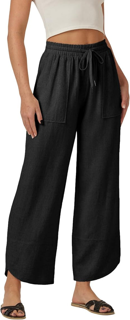 Women's Linen Drawstring Wide Leg Capri Harem Pants