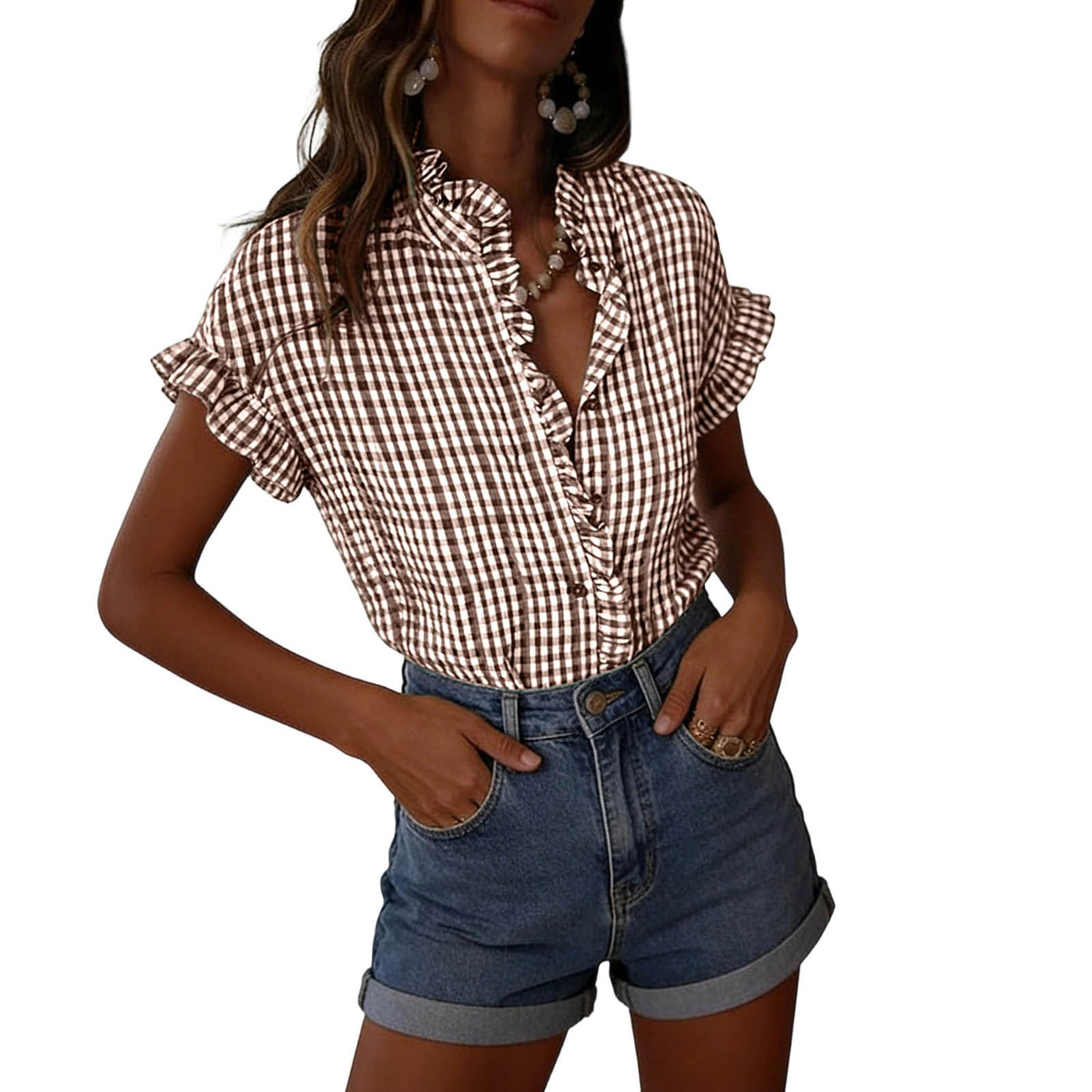 Women's Ruffled V Neck Gingham Short Sleeve Button Down Blouse