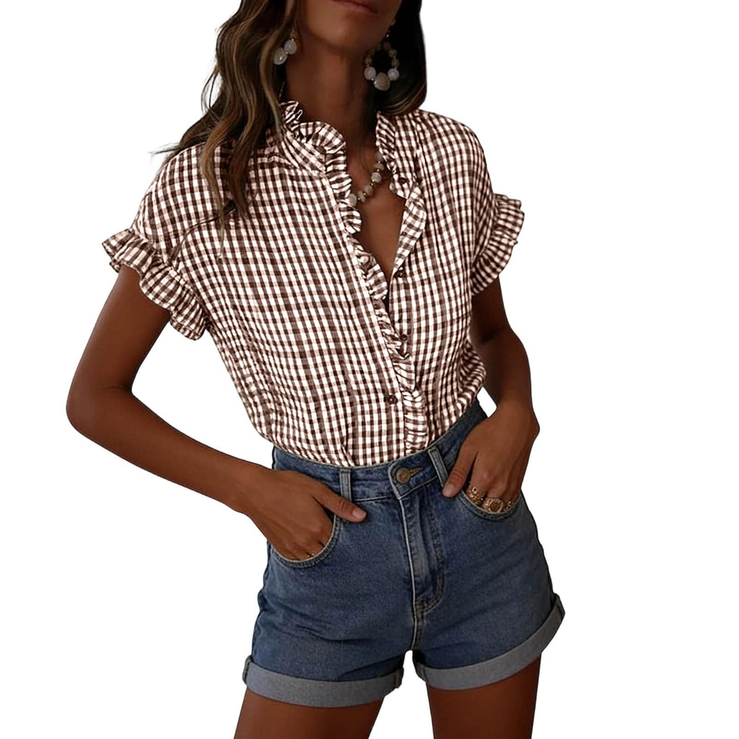 Women's Ruffled V Neck Gingham Short Sleeve Button Down Blouse
