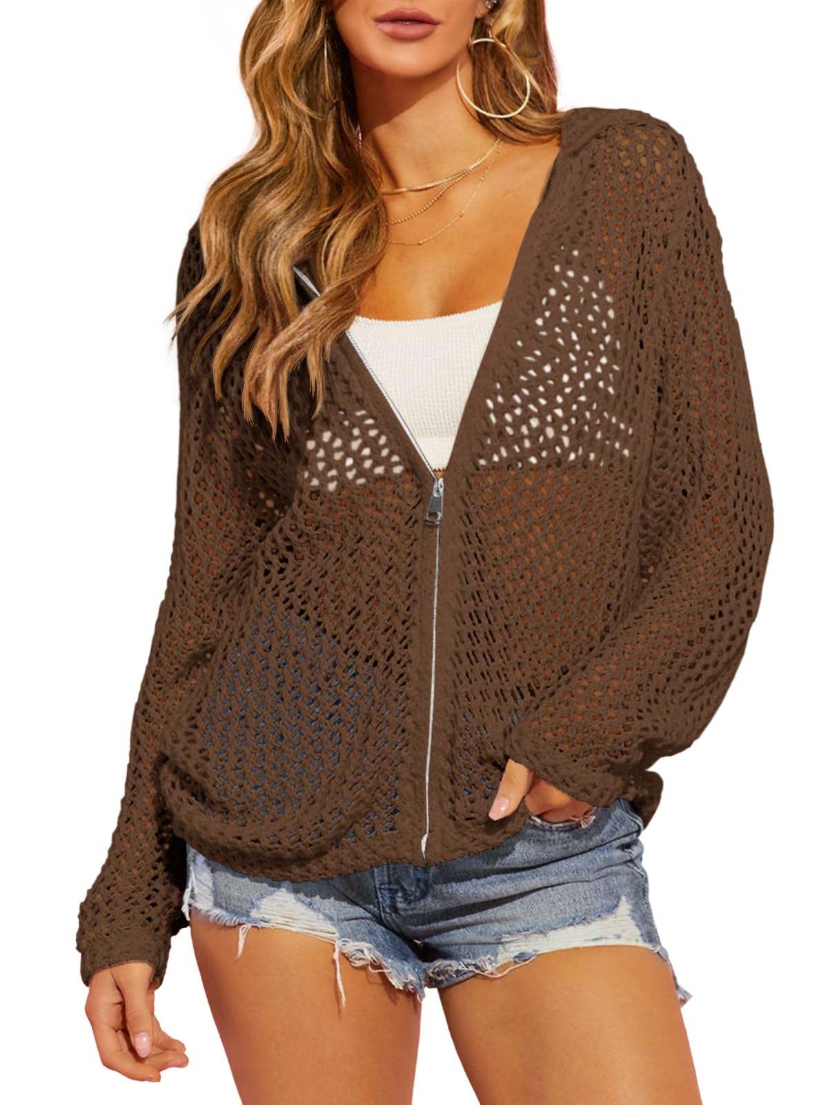 2026 Womens Crochet Lightweight Cardigans Zip Up Hooded Cover Up