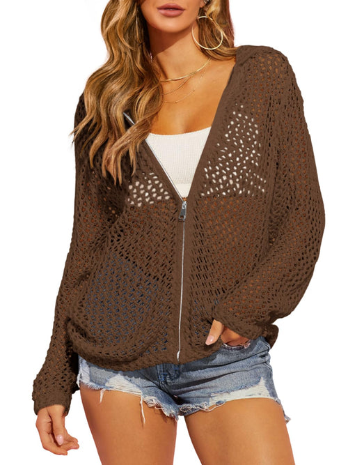 2026 Womens Crochet Lightweight Cardigans Zip Up Hooded Cover Up