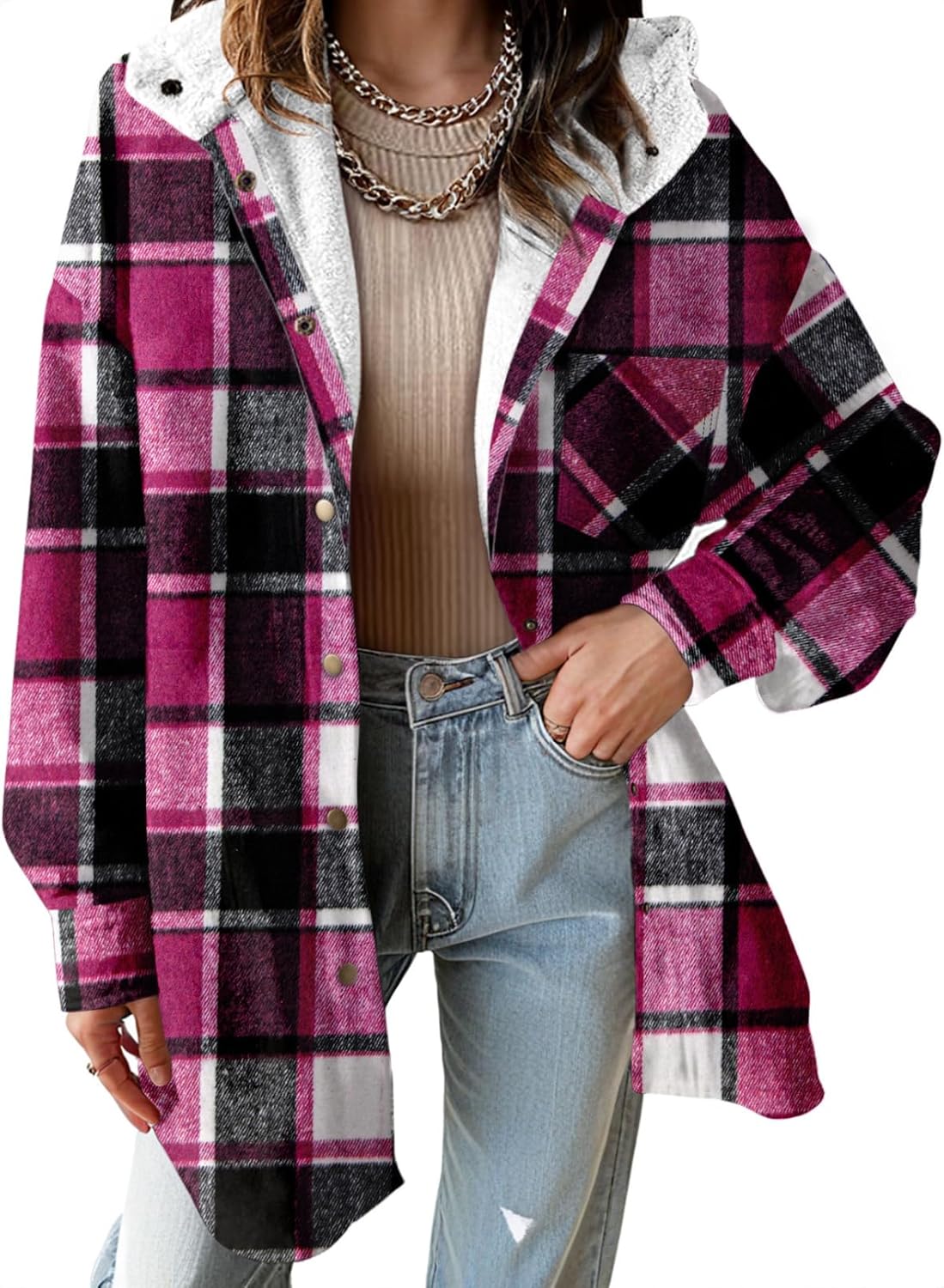 Women's Flannel Hooded Plaid Shacket Thick Coat Fuzzy Fleece Jacket
