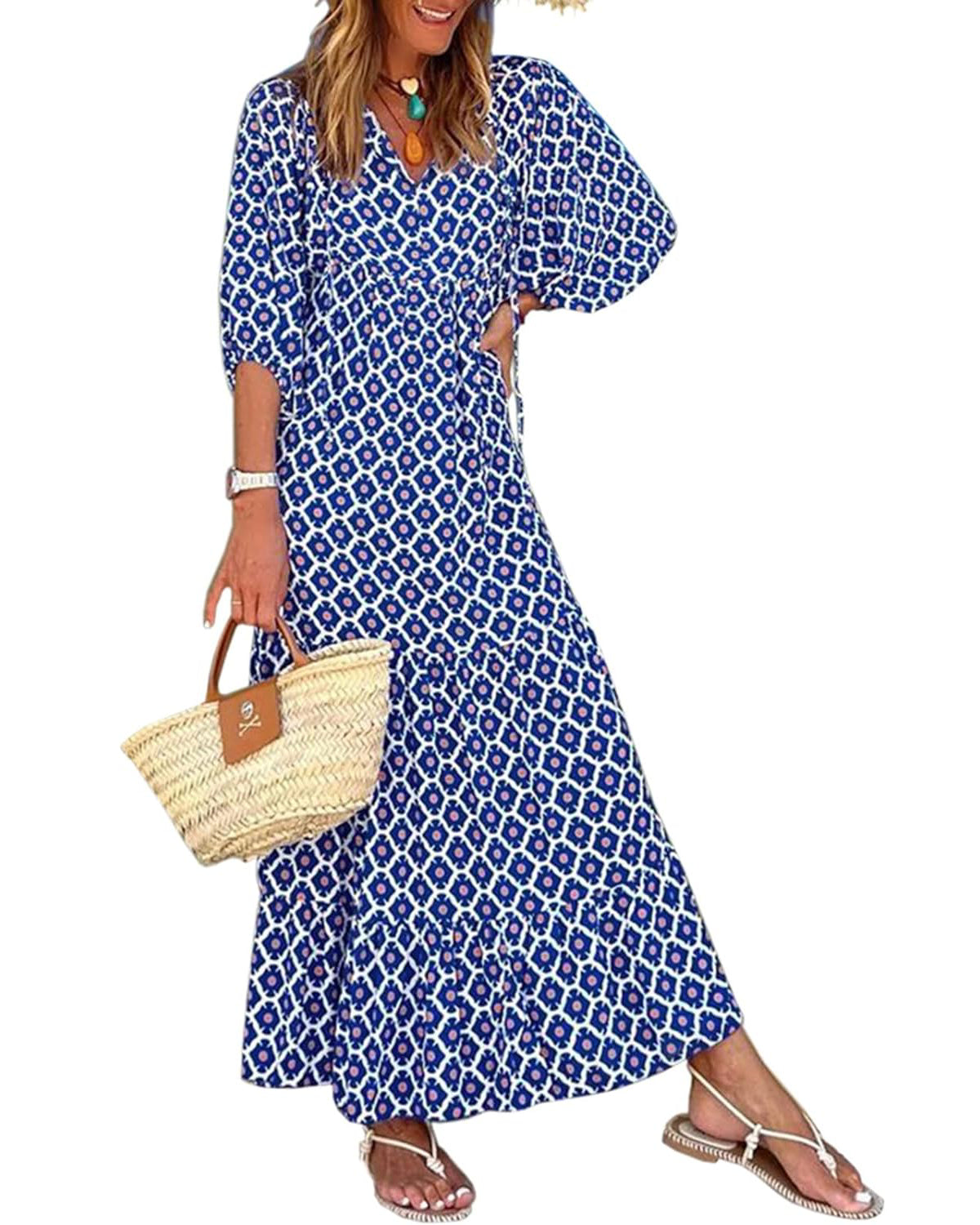 SUMMER CHIC- Women's Puff Sleeve Floral Boho Maxi Dress (Buy 2 Free Shipping)