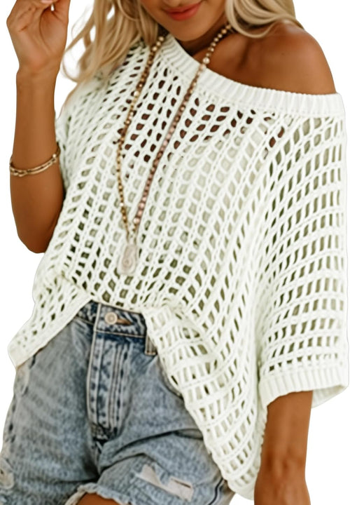 Limited time sale🔥Womens Casual Short Sleeve Hollow Out Pullover Knit Tops