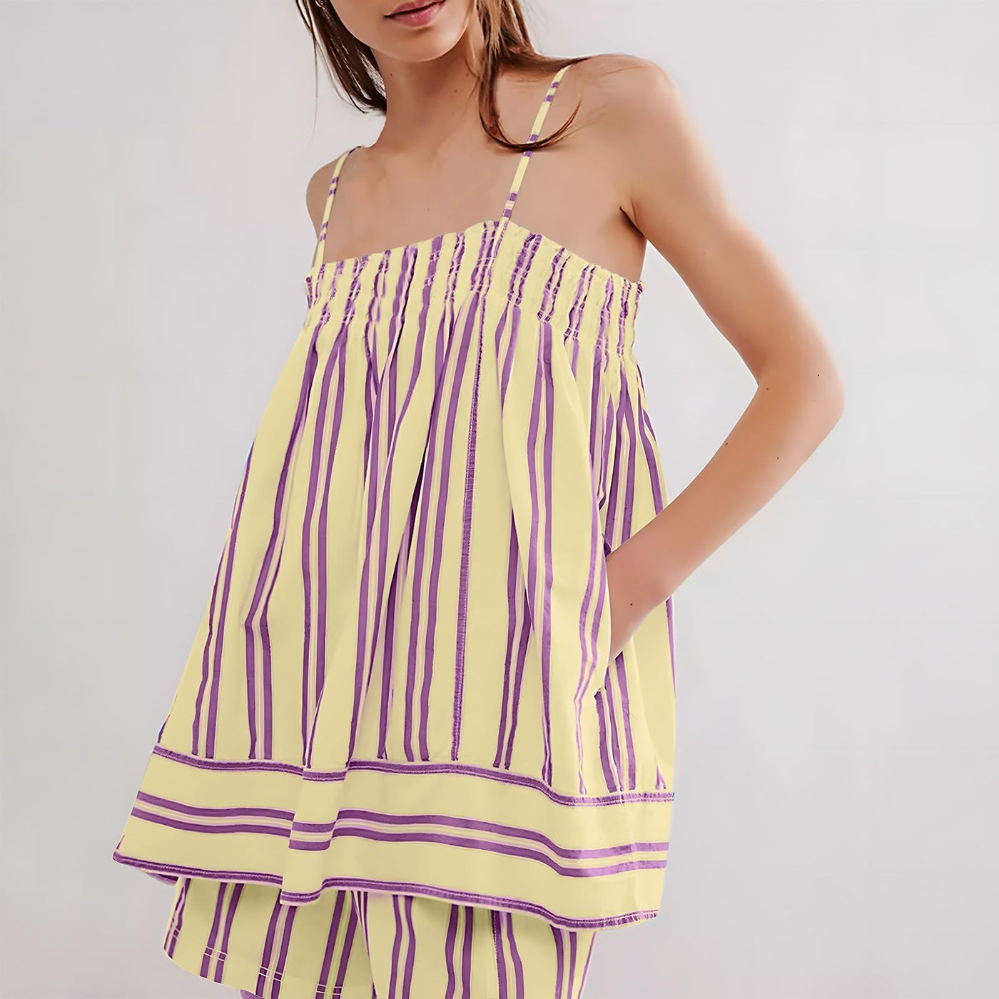 ✨Women 2 Piece Camisole Babydoll Top Tank Striped Boxer Shorts Matching Pjs Outfit Lounge Sets