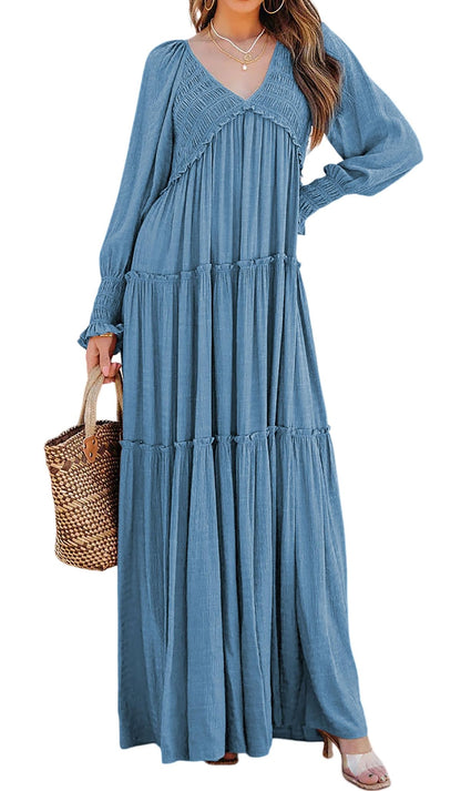 Women Long Sleeve V Neck Boho Casual Flowy Long Dresses✨Buy 2 Free Shipping