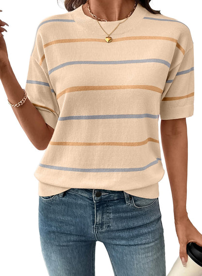 ⏰Hot Sale-Womens Tops Crewneck Short Sleeve Sweater Pullover Knit Striped Shirt Spring Outfits
