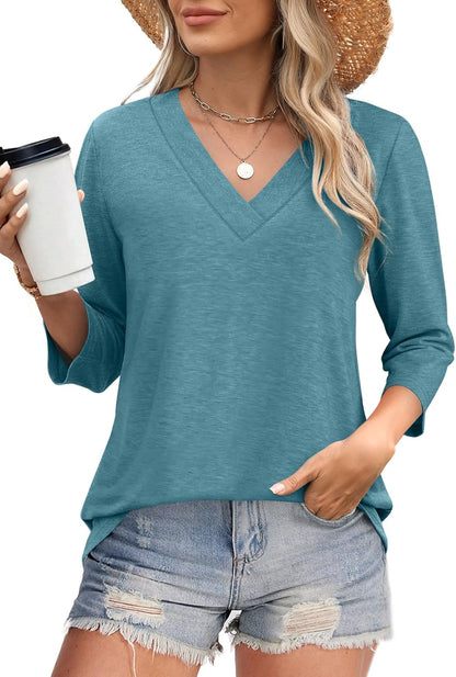 Women's Trendy V Neck 3/4 Long Sleeve Tops Loose Fit Blouse