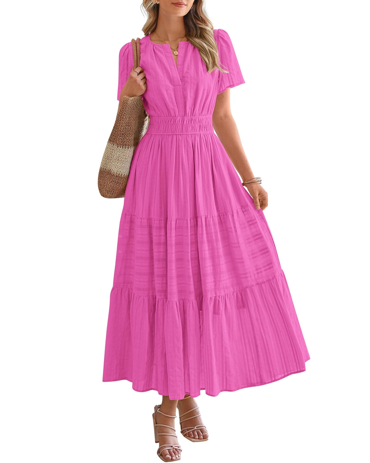 Women's Lightweight Short Sleeve V Neck Elastic Waist Dresses