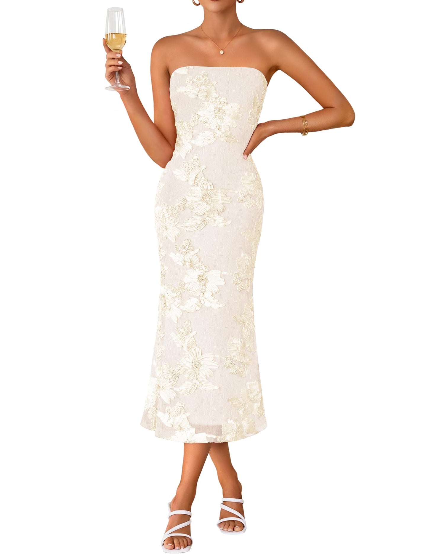 Women's Summer Strapless Floral Midi Dress 2026 Bodycon Mesh Tube Wedding Guest Cocktail Party Long Dresses