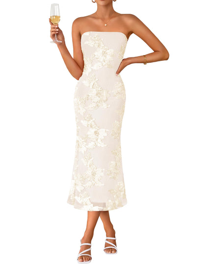 Women's Summer Strapless Floral Midi Dress 2026 Bodycon Mesh Tube Wedding Guest Cocktail Party Long Dresses