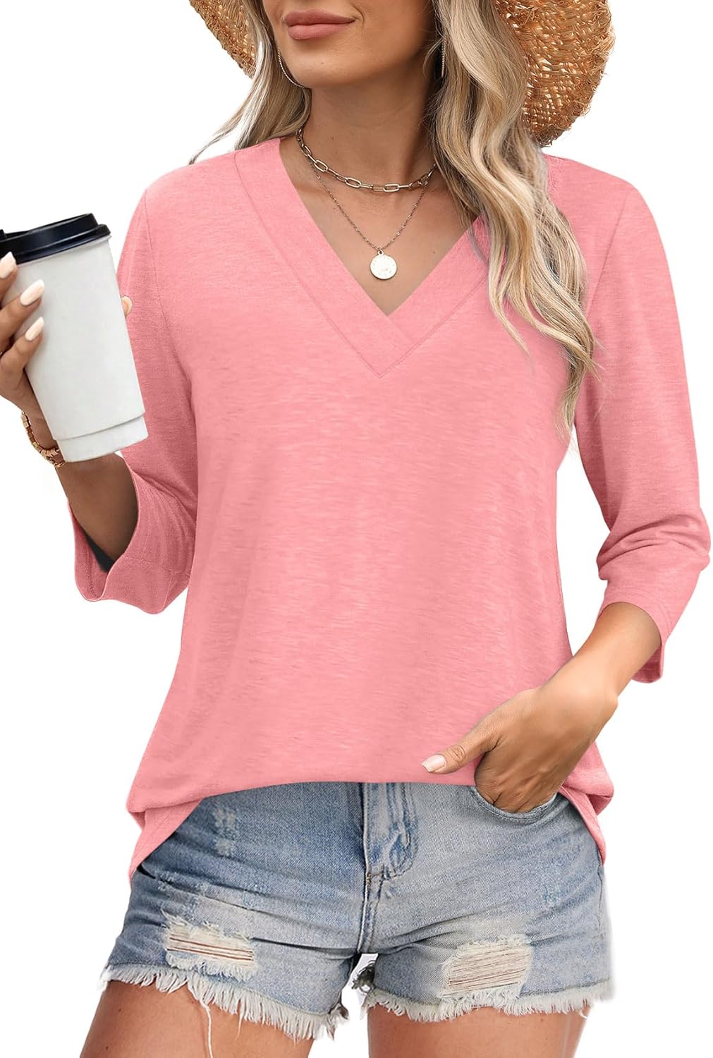 Women's Trendy V Neck 3/4 Long Sleeve Tops Loose Fit Blouse