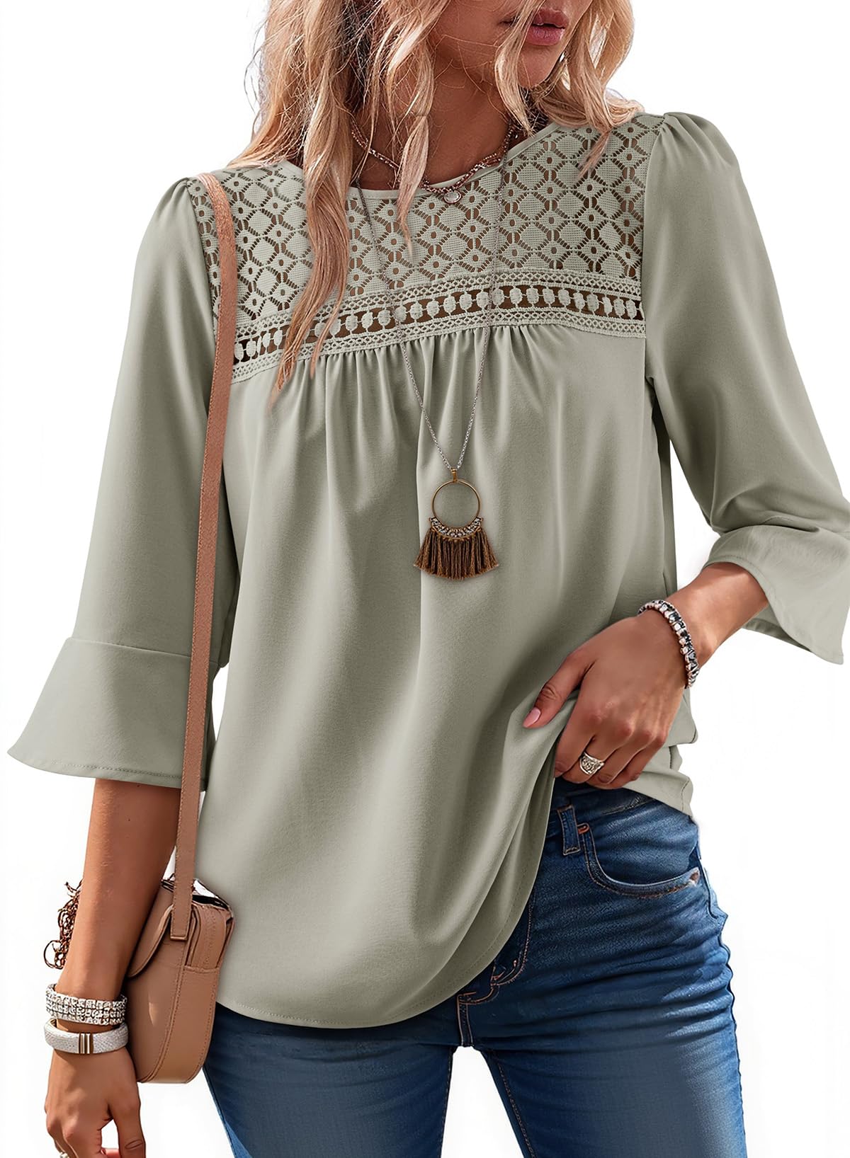Women's 2026 Fashion Tops 3/4 Sleeve Crewneck Shirts Casual Boho Lace Blouses
