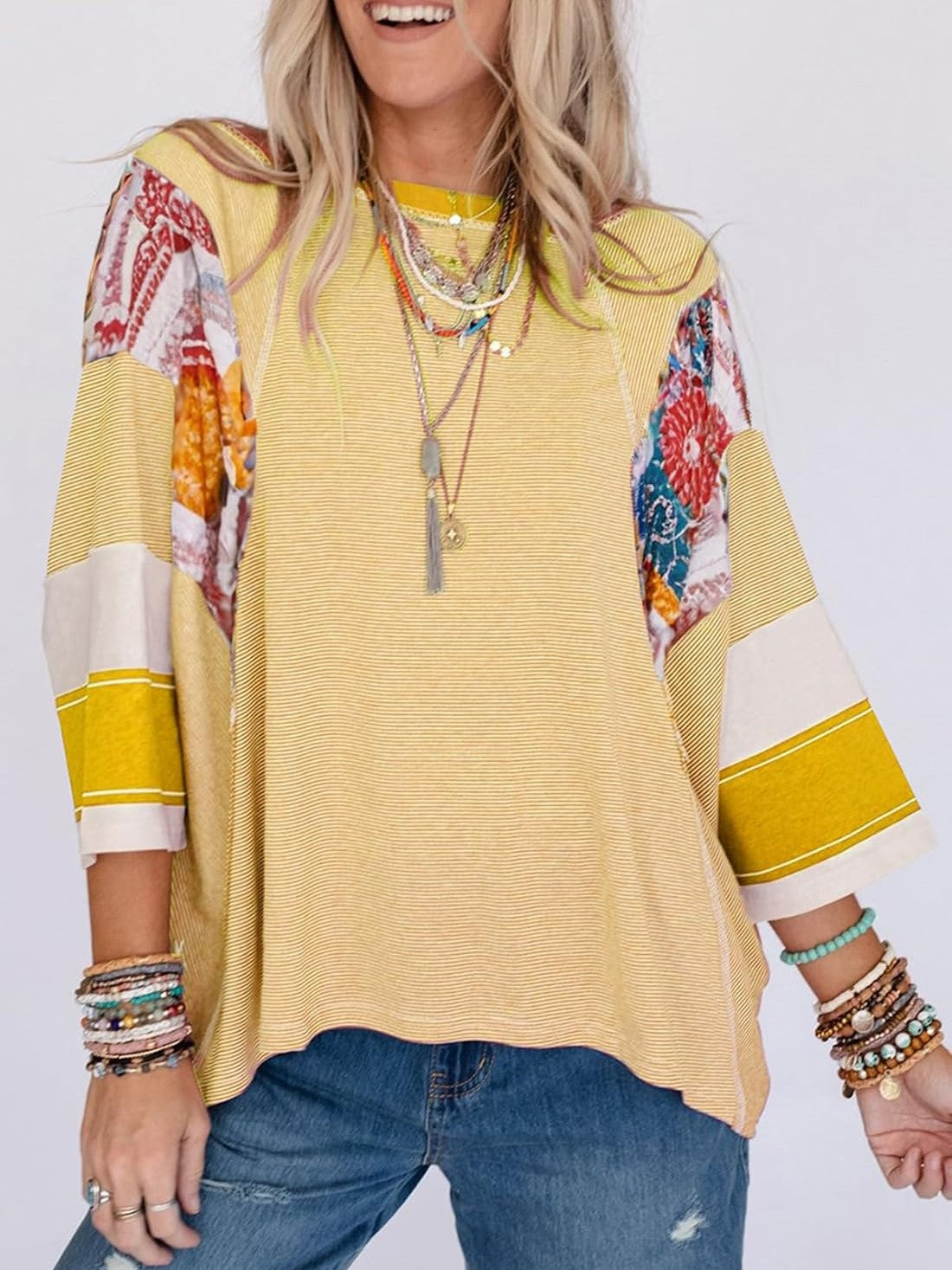 ✨Women's Casual Striped Floral Print Patchwork Oversized 3/4 Sleeve Top