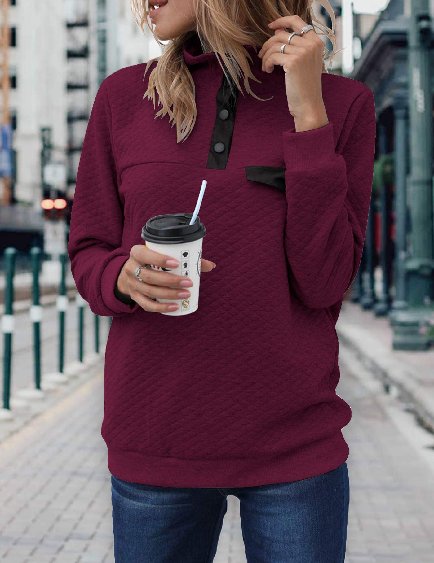 Women Fashion Quilted Pattern Lightweight Zipper Long Sleeve Plain Casual Ladies Sweatshirts