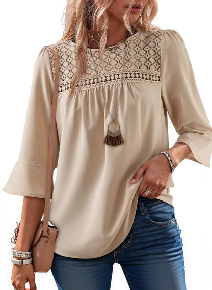 Women's 2026 Fashion Tops 3/4 Sleeve Crewneck Shirts Casual Boho Lace Blouses