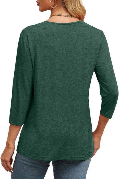 Women's Trendy V Neck 3/4 Long Sleeve Tops Loose Fit Blouse