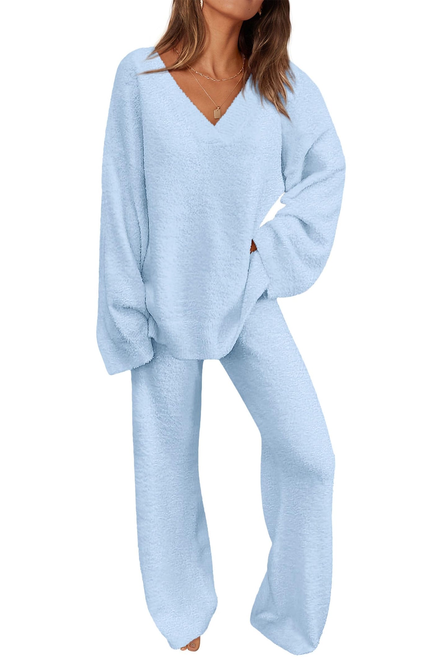 ✨Women's 2 Piece Oversized V Neck Pullover Sweater Fuzzy Lounge Set