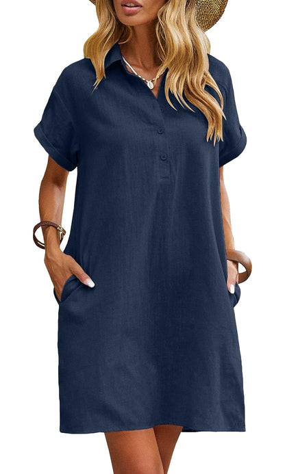 Women's Casual Short Sleeve Linen Dress With Pockets